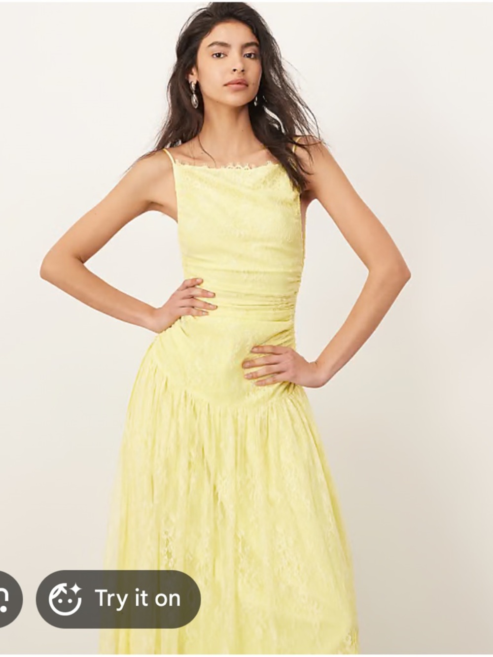 NWT!! Arrange Yellow Lace Ruched Dropped-Waist Midi Dress